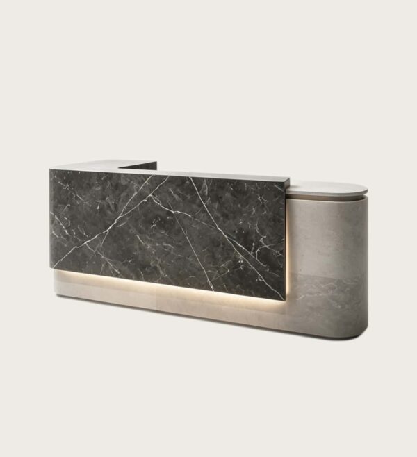 L Shaped Two-Tone Marble Reception Desk | Factory Custom Asymmetrical Front Counter For Corporate Office Lobby
