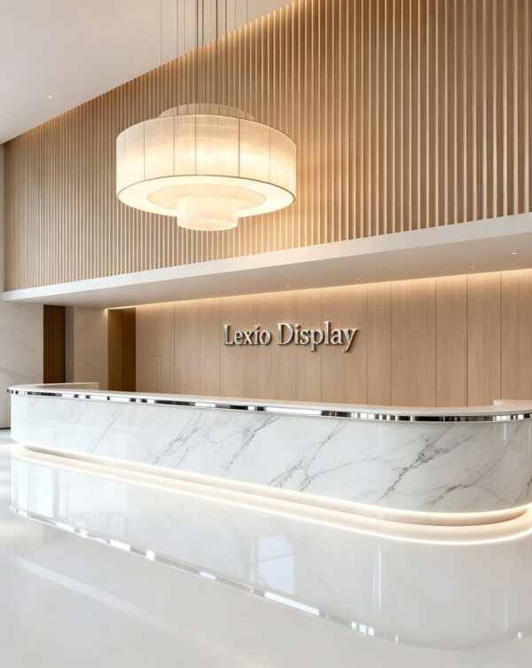 Long Curved White Marble Reception Desk | Custom Commercial Double Layer Front Counter For Office Lobby
