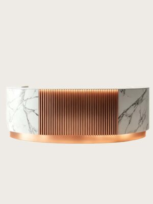 reception desk design (13) Round Curved Marble Fluted Copper Reception Counter | Wholesale Commercial Luxury Front Desk For Spa Hotel