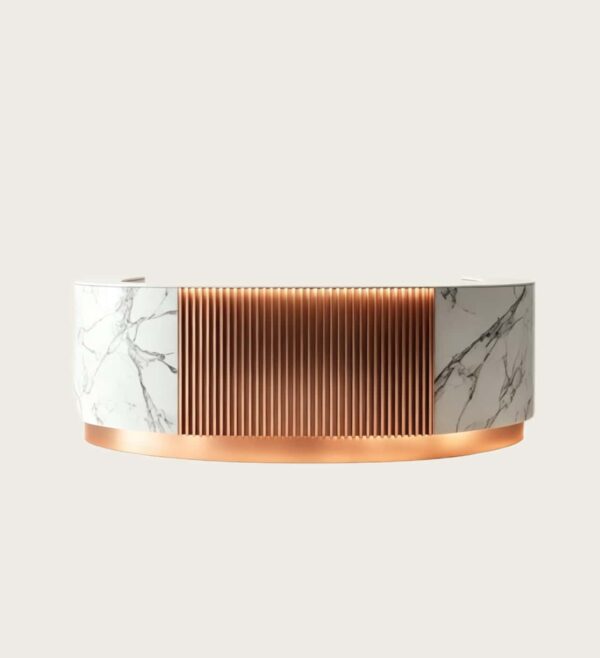 Round Curved Marble Fluted Copper Reception Counter | Wholesale Commercial Luxury Front Desk For Spa Hotel