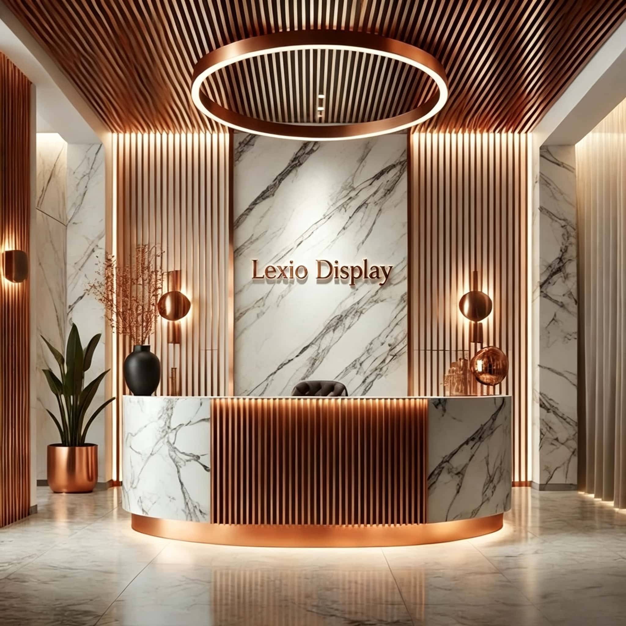 Round Curved Marble Fluted Copper Reception Counter | Wholesale Commercial Luxury Front Desk For Spa Hotel