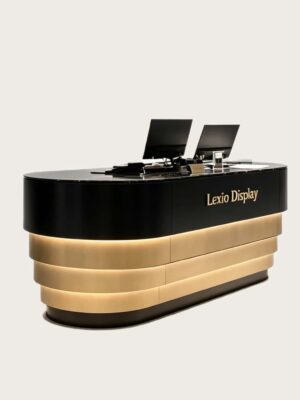 Curved Tiered Gold Black Reception Counter | Custom Luxury Front Desk For Hotel Lobby With LED Lighting