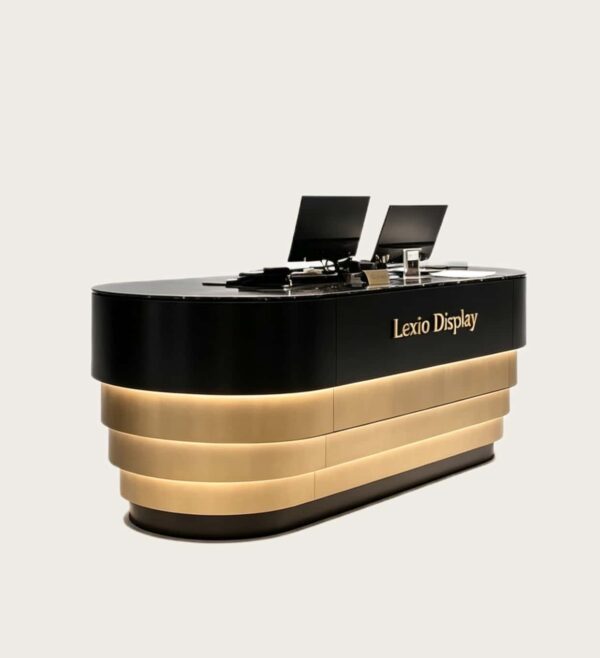 Curved Tiered Gold Black Reception Counter | Custom Luxury Front Desk For Hotel Lobby With LED Lighting