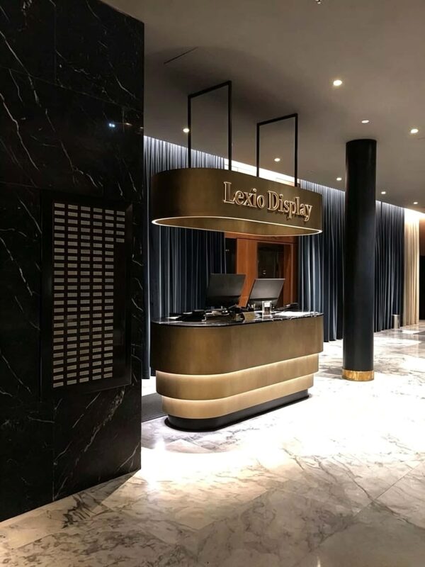 Curved Tiered Gold Black Reception Counter | Custom Luxury Front Desk For Hotel Lobby With LED Lighting