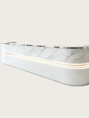 reception desk design (9) Long Curved White Marble Reception Desk | Custom Commercial Double Layer Front Counter For Office Lobby