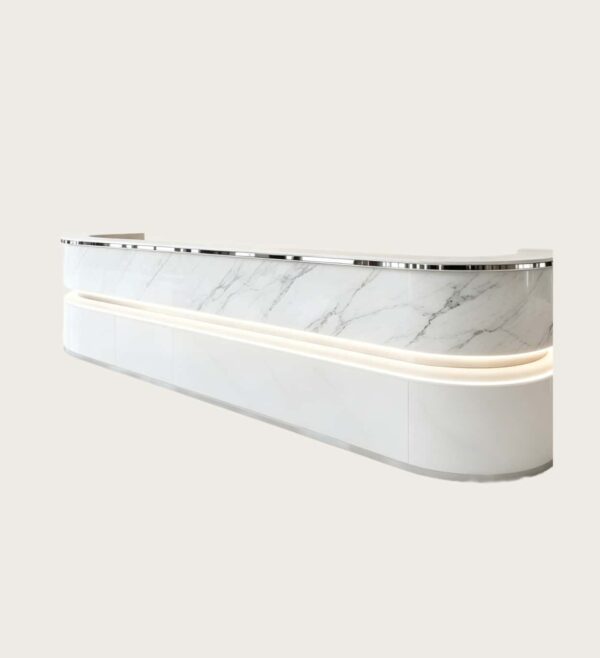 Long Curved White Marble Reception Desk | Custom Commercial Double Layer Front Counter For Office Lobby