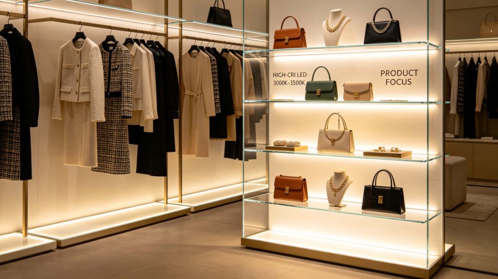 How do illuminated LED shelves boost boutique sales?