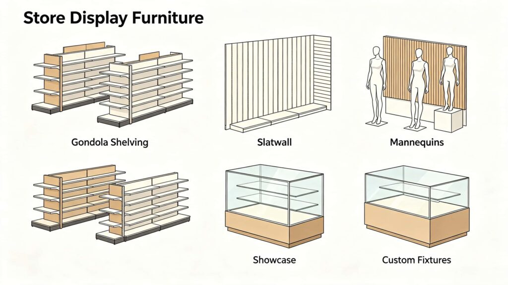 What is store display furniture called?