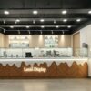 Modern Herringbone Wood Ice Cream Kiosk with Gelato Display Case | Custom Mall Food Retail Booth