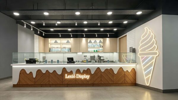 Modern Herringbone Wood Ice Cream Kiosk with Gelato Display Case | Custom Mall Food Retail Booth