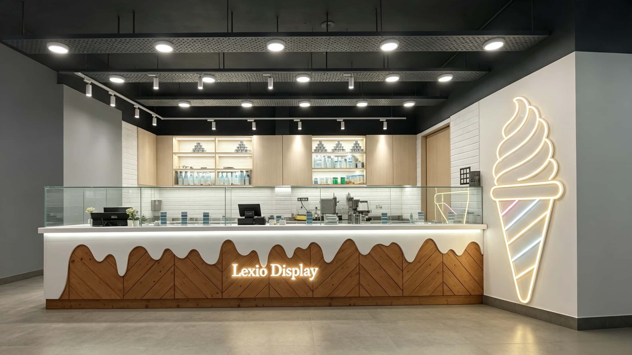 Modern Herringbone Wood Ice Cream Kiosk with Gelato Display Case | Custom Mall Food Retail Booth