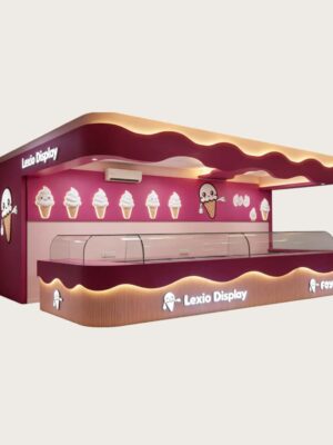 Custom Wavy Burgundy Ice Cream Kiosk with Overhead Canopy Commercial Frozen Yogurt Kiosk