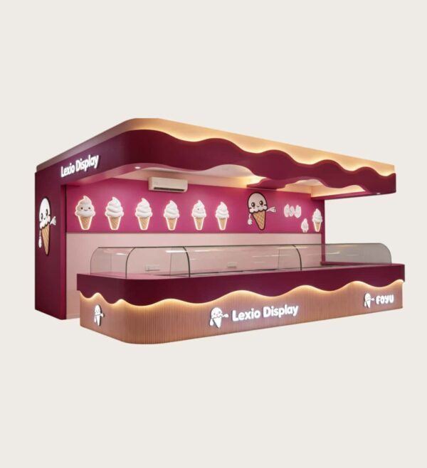 Custom Wavy Burgundy Ice Cream Kiosk with Overhead Canopy Commercial Frozen Yogurt Kiosk