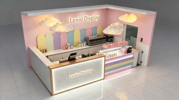 ICE CREAM KIOSK (13) Custom Pastel Ice Cream Shop Counter with Marble Reception Desk | Modern Mall Dessert Retail Kiosk