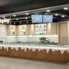 Modern Herringbone Wood Ice Cream Kiosk with Gelato Display Case | Custom Mall Food Retail Booth