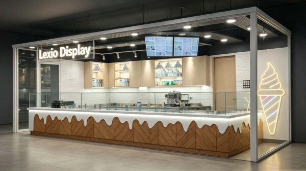 Modern Herringbone Wood Ice Cream Kiosk with Gelato Display Case | Custom Mall Food Retail Booth