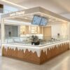 Modern Herringbone Wood Ice Cream Kiosk with Gelato Display Case | Custom Mall Food Retail Booth