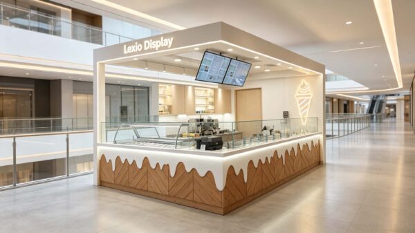 Modern Herringbone Wood Ice Cream Kiosk with Gelato Display Case | Custom Mall Food Retail Booth