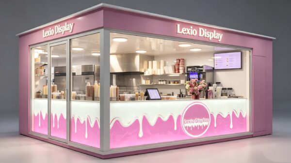 Custom Pink Ice Cream Kiosk with Full Commercial Kitchen | Freestanding Mall Dessert Retail Booth