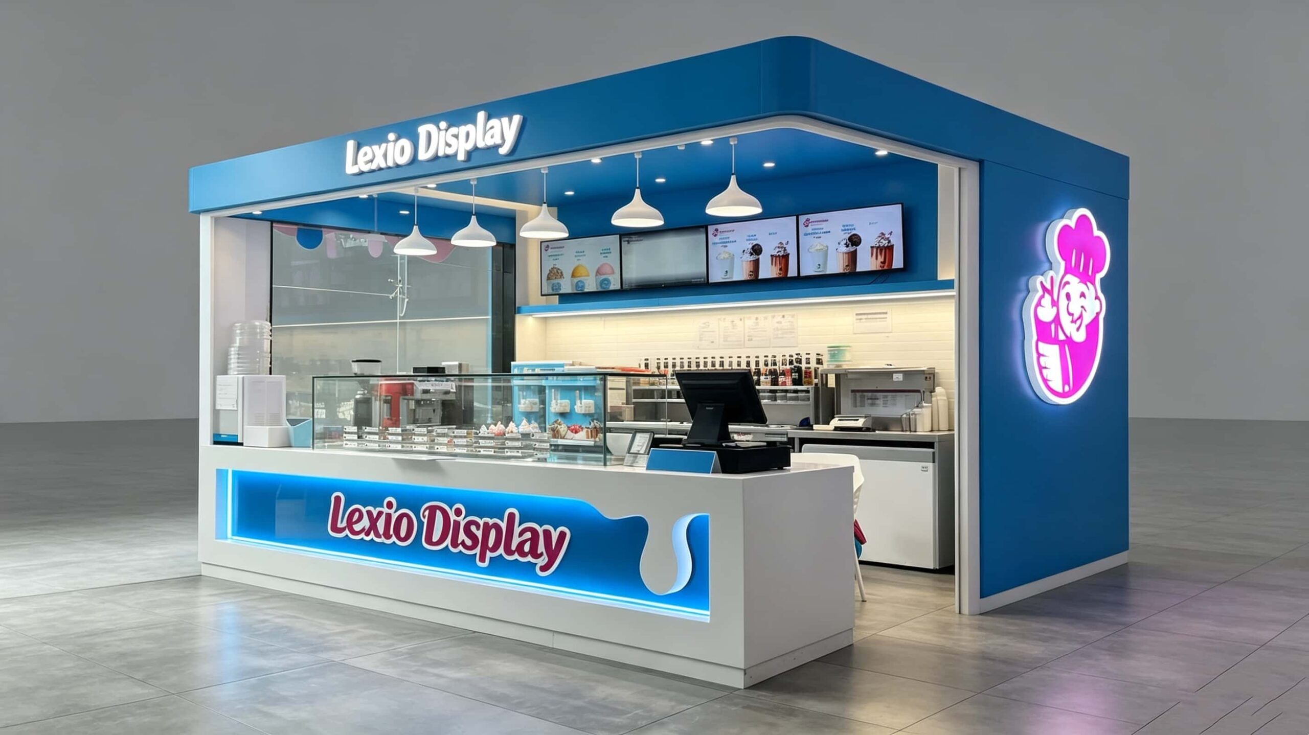 Branded Blue Frozen Yogurt Kiosk with Glass Display Case