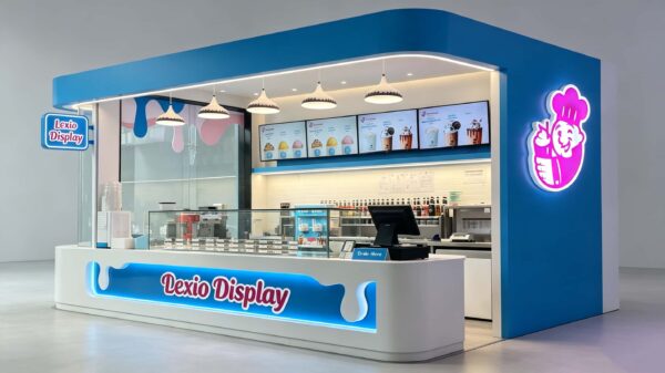 Branded Blue Frozen Yogurt Kiosk with Glass Display Case