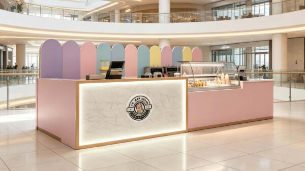 ICE CREAM KIOSK (21) Custom Pastel Ice Cream Shop Counter with Marble Reception Desk | Modern Mall Dessert Retail Kiosk