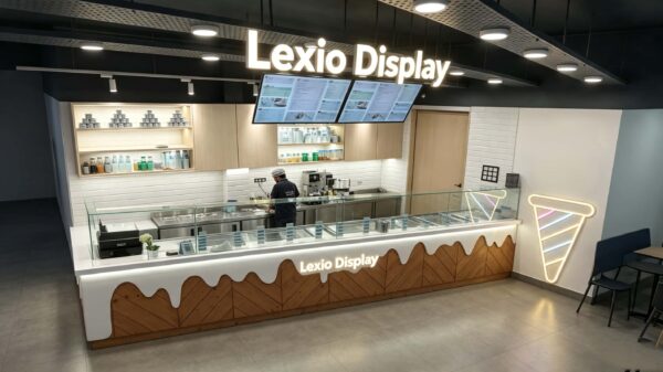 Modern Herringbone Wood Ice Cream Kiosk with Gelato Display Case | Custom Mall Food Retail Booth