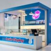Branded Blue Frozen Yogurt Kiosk with Glass Display Case