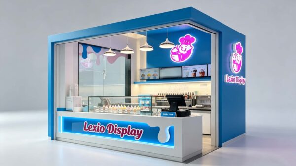 Branded Blue Frozen Yogurt Kiosk with Glass Display Case