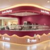 Custom Wavy Burgundy Ice Cream Kiosk with Overhead Canopy Commercial Frozen Yogurt Kiosk