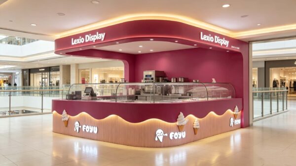 Custom Wavy Burgundy Ice Cream Kiosk with Overhead Canopy Commercial Frozen Yogurt Kiosk