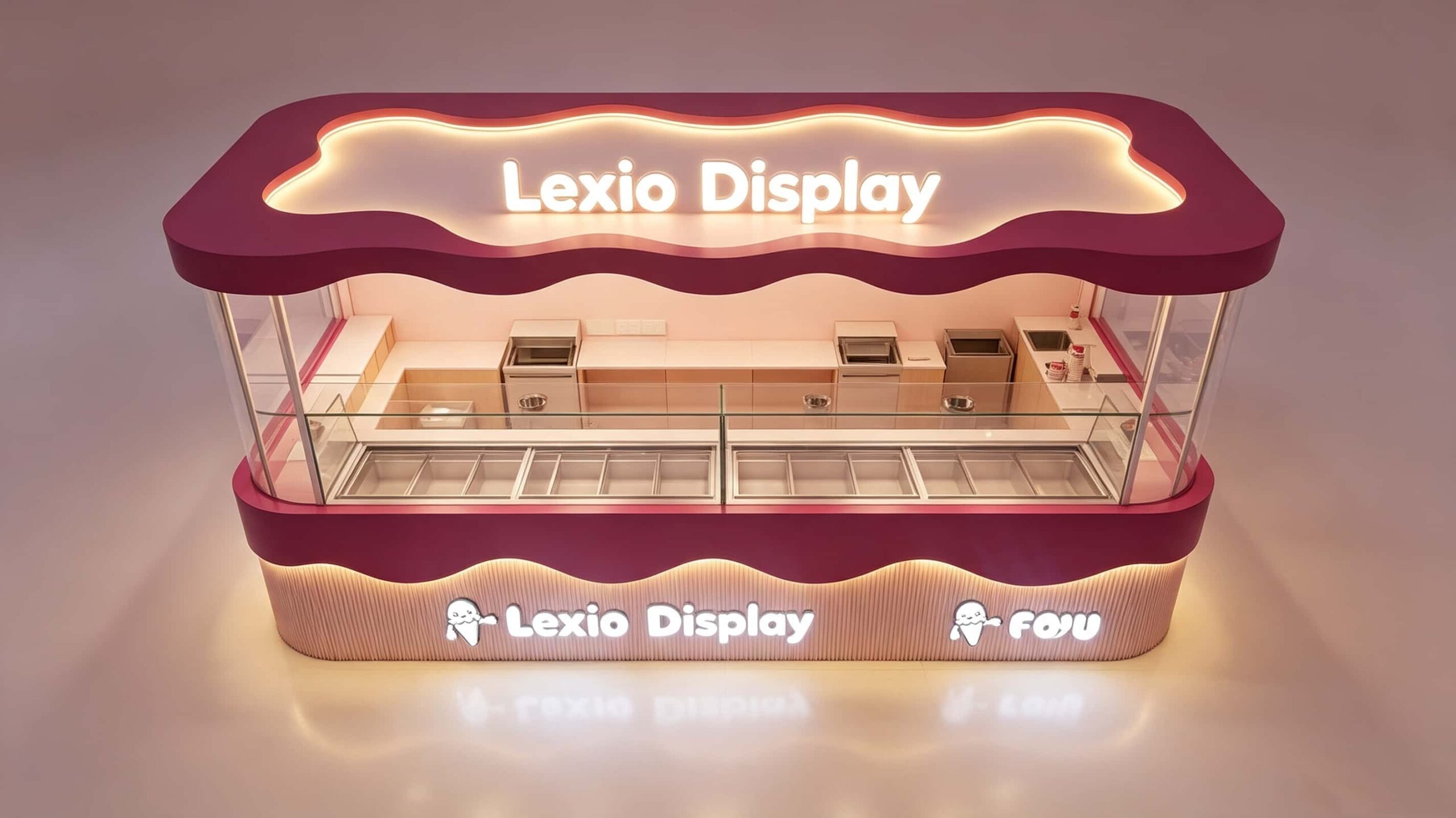 Custom Wavy Burgundy Ice Cream Kiosk with Overhead Canopy Commercial Frozen Yogurt Kiosk