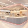 ICE CREAM KIOSK (28) Modern Fluted Curved Beverage Kiosk with LED Light Canopy | Custom Mall Ice Cream & Drink Retail Booth