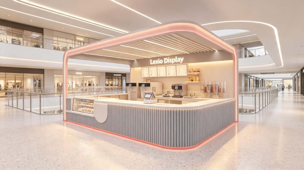 Modern Fluted Curved Beverage Kiosk with LED Light Canopy | Custom Mall Ice Cream & Drink Retail Booth