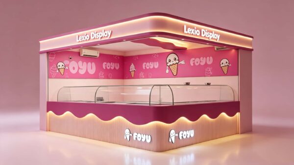Custom Wavy Burgundy Ice Cream Kiosk with Overhead Canopy Commercial Frozen Yogurt Kiosk