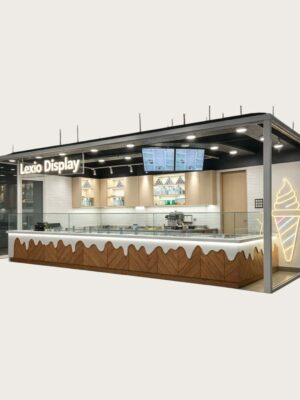 Modern Herringbone Wood Ice Cream Kiosk with Gelato Display Case | Custom Mall Food Retail Booth