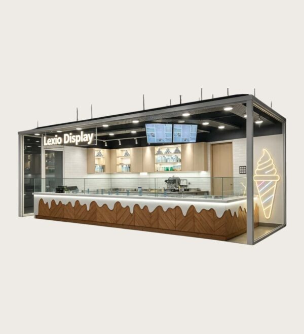 Modern Herringbone Wood Ice Cream Kiosk with Gelato Display Case | Custom Mall Food Retail Booth