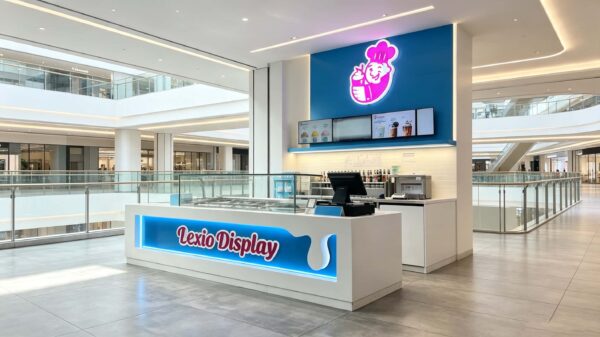 Branded Blue Frozen Yogurt Kiosk with Glass Display Case