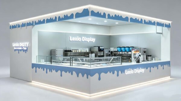 ICE CREAM KIOSK (31) Custom Blue Drip Design Ice Cream Kiosk with Gelato Display Case | Modern Mall Food Retail Booth