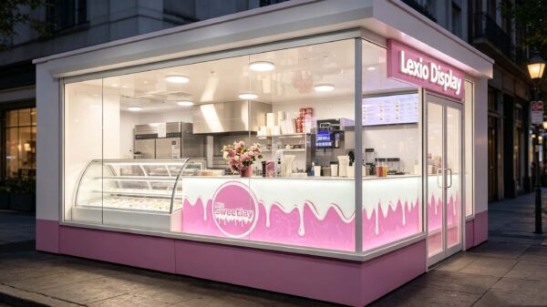 Custom Pink Ice Cream Kiosk with Full Commercial Kitchen | Freestanding Mall Dessert Retail Booth