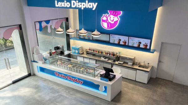 Branded Blue Frozen Yogurt Kiosk with Glass Display Case