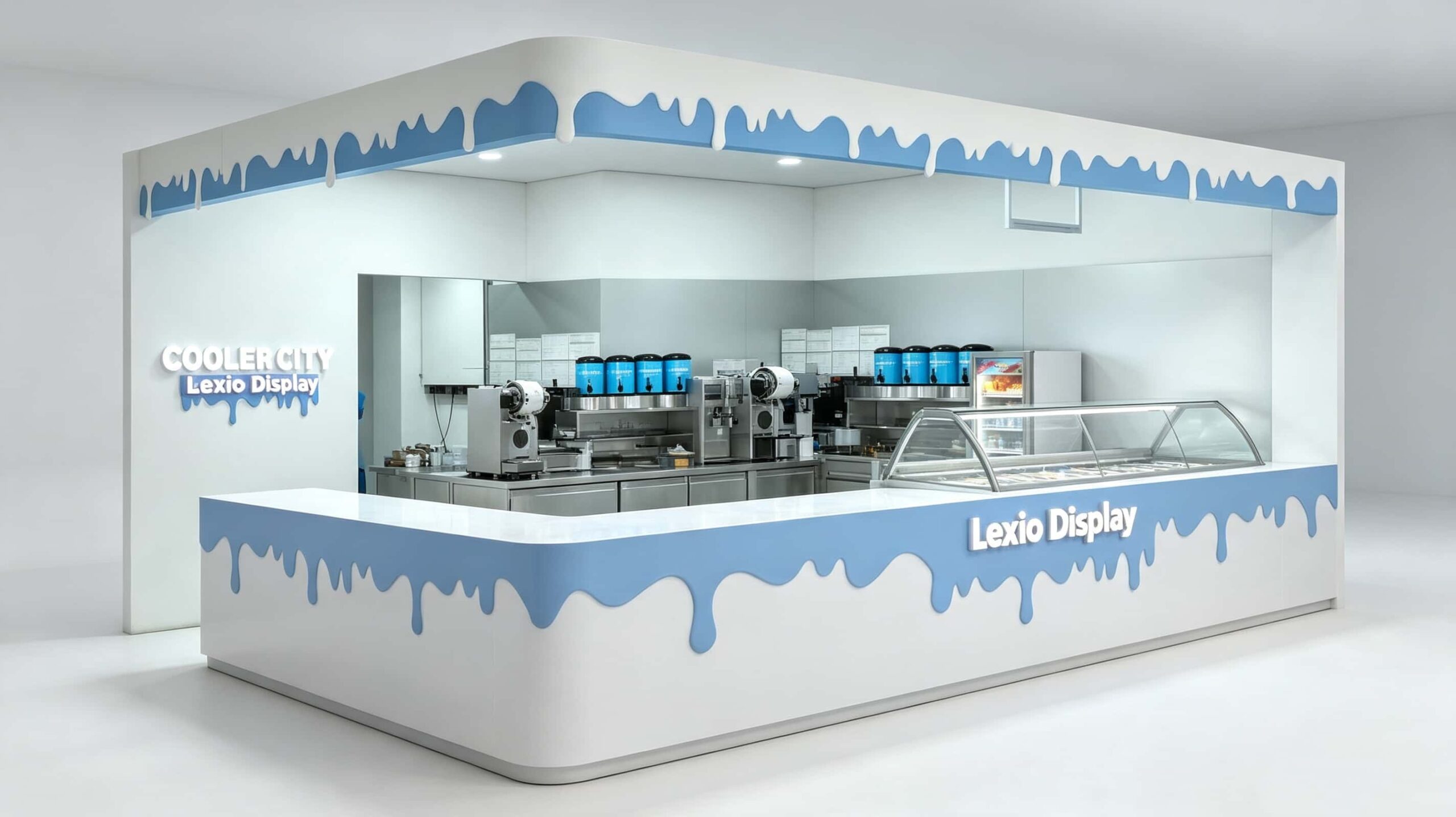 Custom Blue Drip Design Ice Cream Kiosk with Gelato Display Case | Modern Mall Food Retail Booth