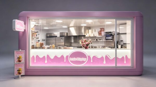 Custom Pink Ice Cream Kiosk with Full Commercial Kitchen | Freestanding Mall Dessert Retail Booth