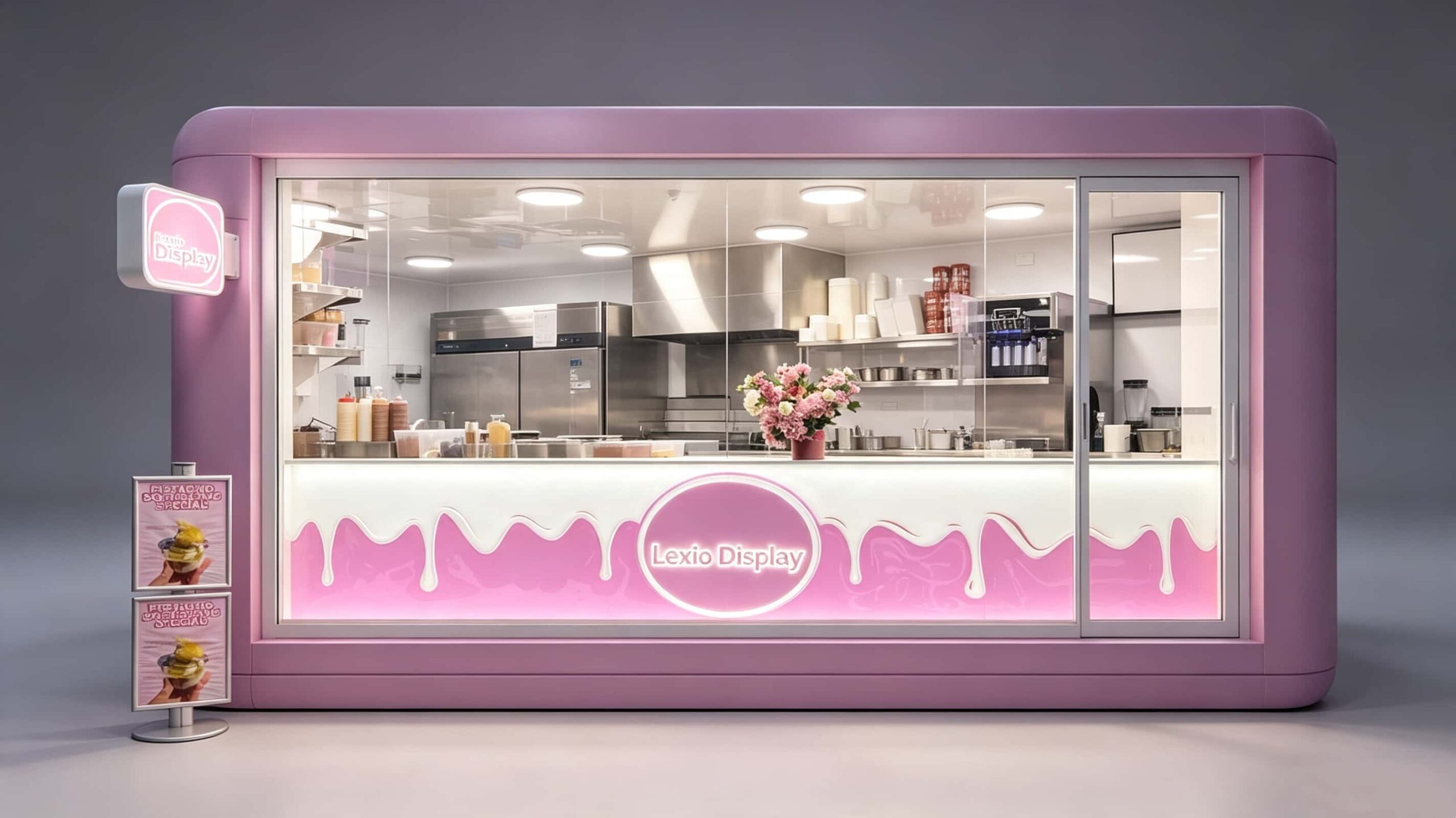 Custom Pink Ice Cream Kiosk with Full Commercial Kitchen | Freestanding Mall Dessert Retail Booth