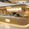 ICE CREAM KIOSK (38) Custom Natural Wood Ice Cream & Coffee Kiosk with Gold Fluted Panel | Modern Mall Dessert Retail Booth