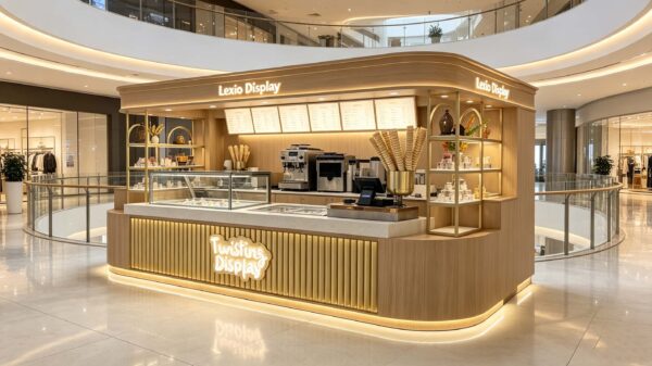 ICE CREAM KIOSK (38) Custom Natural Wood Ice Cream & Coffee Kiosk with Gold Fluted Panel | Modern Mall Dessert Retail Booth