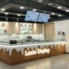 Modern Herringbone Wood Ice Cream Kiosk with Gelato Display Case | Custom Mall Food Retail Booth