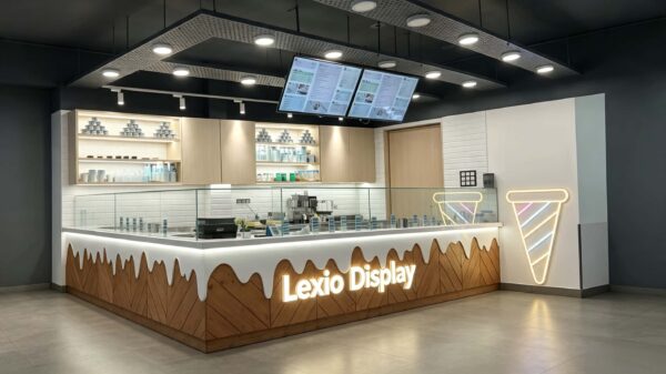 Modern Herringbone Wood Ice Cream Kiosk with Gelato Display Case | Custom Mall Food Retail Booth