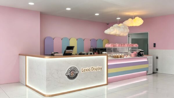 ICE CREAM KIOSK (42) Custom Pastel Ice Cream Shop Counter with Marble Reception Desk | Modern Mall Dessert Retail Kiosk
