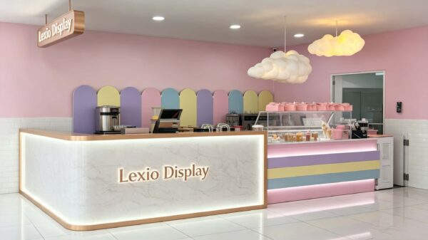 ICE CREAM KIOSK (44) Custom Pastel Ice Cream Shop Counter with Marble Reception Desk | Modern Mall Dessert Retail Kiosk
